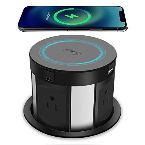 Automatic Pop Up Sockets,Retractable Recessed Power Strip,Pop Up Power Strip with Wireless Charger,4 AC Plug,2 Type-A USB and 2 Type-C USB for Office Table and Workshop