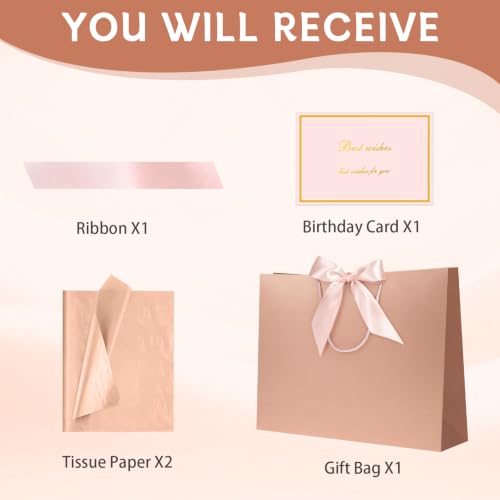 Image of JMANNI Gift Bags with Handles, 11 inch Small Gift Bag for Presents, 1 Pcs Bags with 2 Tissue Paper and 1 Cards for Baby Shower Wedding Bridal Shower Mother's Day Birthday Party (Rose gold)