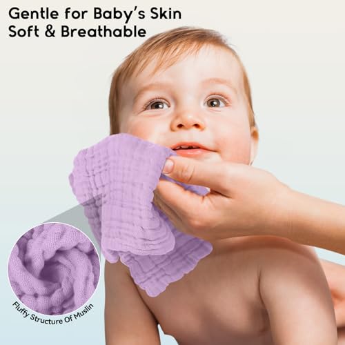 Image of Unnivoll Muslin Burp Cloths Baby 12''X12'', Baby Washcloths 6 Pack, 100% Cotton Baby Wash Cloths Absorbent and Soft for Newborn Infants Kids Boys Girls - Gradient Purple