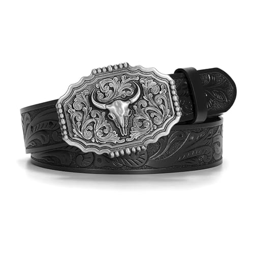 FFWTPY Ceinture Homme Western Ceintures Boucle Taille Ajustable Décoration Cuir Occidental Cowboy Longhorn Bull Boucle pour Femme pour Jean 115CM