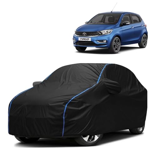 Image of Kerwa Car Body Cover Waterproof Compatible with TATA Tiago | Scratch Proof, Anti-Dust, UV Protection with Windproof Buckle Strap and Mirror Pockets, Bottom Elastic Fitted-Black