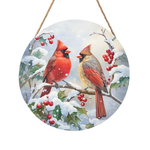 Harooni Winter Welcome Sign for Front Door Cardinal Bird Wood Door Hanger for Outdoor Outside Porch Christmas Cardinal Round Hanging Signs Holiday Decorations for Home Wall Porch Yard Farmhouse