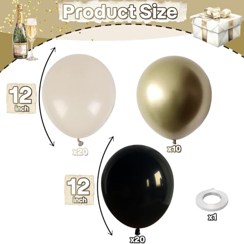 Image of Black White and Gold Balloons, 50pcs 12 Inch Black White Cream Beige Metallic Gold Helium Latex Balloon for Women Men Girl Birthday Wedding Bachelorette New Year Bridal Shower Party Decorations