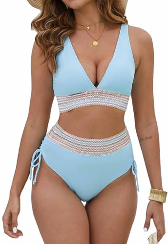 Joligiao Mujer Bikinis Reductor Push Up Traje de Baño de Dos Piezas Bikinis Braga Alta Bañadores Control de Vientre Bikini Reductors Barriga Deportivo de Cintura Alta Tallas Grandes(Azul,L)
