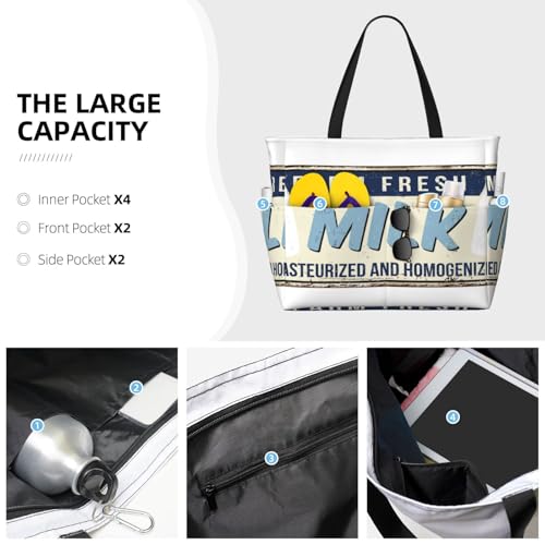 Vintage Farm Fresh Milk Print Large Beach Tote Bag for Women Extra Large Capacity Sandproof Waterproof Pool Bag Suitable for Swimming Pool Gym Groceries Travel3