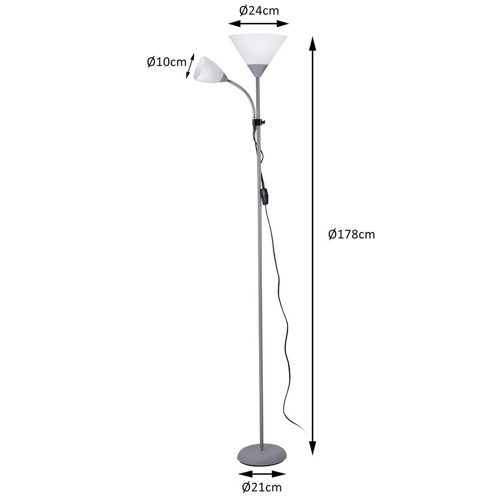 BAKAJI Lampada da Terra Piantana Design Moderno In Metallo con Doppio Paralume Braccio Flessibile Luce Direzionabile Altezza 180cm per Casa Salotto Camera letto (Paralume Cono)