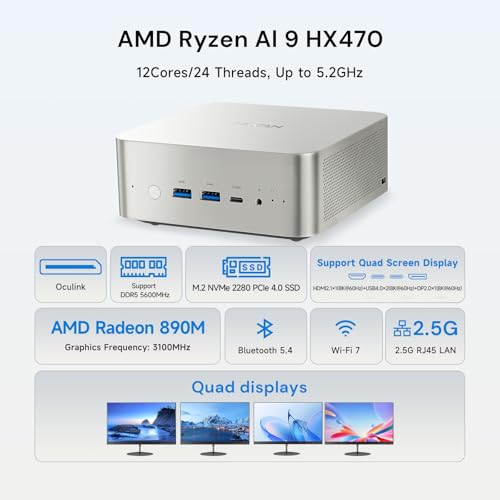 Image of Reatan X8 Mini PC with AMD Ryzen AI 9 HX470 (Beats HX370), 48GB DDR5 5600MHz, 2TB PICE4.0 SSD, OcuLink Mini Gaming PC, USB4, 8K Quad Display, 2.5G LAN, Wi-Fi 7, 86TOPS AI Workstation, Silver 2