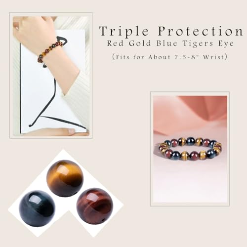 12MM Tiger Eye Bracelet for Women Men Beads | Mixed Red Gold Blue - Fits for About 8" Wrist | Triple Protection Tigers Eye Chakra Gemstones | Anxiety & Stress Relief | Absorb Negative Energy4