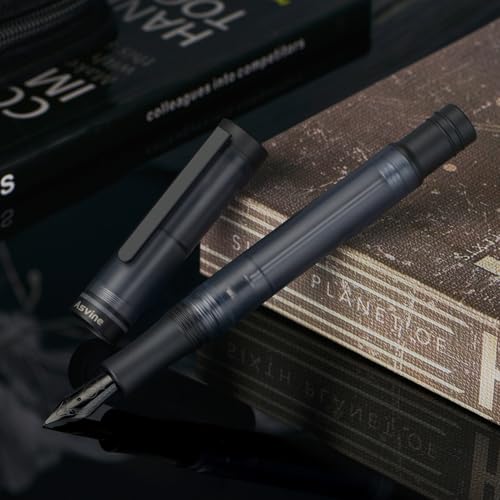 Image of Asvine V200 Titanium Fountain Pen Vacuum Fill Matte Black Medium Nib Transparent Demonstrator Acrylic with Pencil Case and Wrench