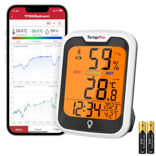 TempPro TP358 Bluetooth Hygrometer, Room Thermometer, Indoor...