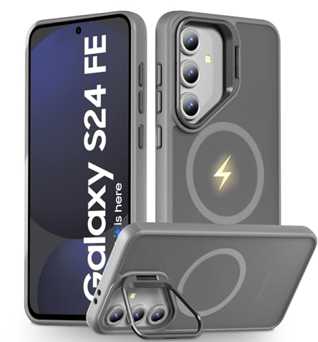 Image of DIZORO PC Samsung Galaxy S24 FE Case Compatible with Mag Safe Wireless Charging,with Camera Stand,Military Grade Drop Tested,Translucent Hard Back Soft Edge Back Cover(Camera Stand Titanium)