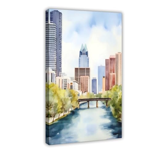 Peinture à l'aquarelle d'Austin Texas affiche decorative grand format 61x91 cm