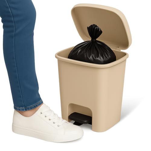 Cubo Basura Plástico, Cubo Basura Apertura Pedal, Papelera De Pedal, Cubo De Pedal, Basura Para Oficina, Libre BPA, 45 Cm Alto X 38 Cm Ancho X 32 Cm Fondo, Capacidad 27 Litros, Beige