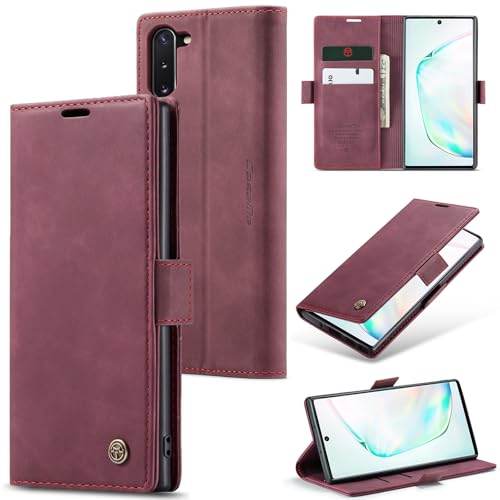 Sojlecyu Handyhülle für Samsung Galaxy Note 10 hülle Premium PU Leder Cover Klapphülle Tasche Flip Case Magnet Kartenfach Ständer Schutzhülle für Samsung Galaxy Note 10 Weinrot