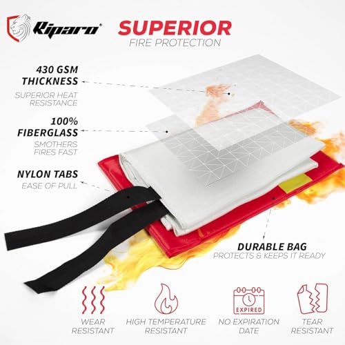 Image of Riparo Emergency Fire Blanket for Home and Kitchen - Fire Suppression Blankets for Home, Kitchen, BBQ, and Car 40 inch x 40 inch - Made from Flame Retardant Fiberglass ([8 Pack Fire Blanket])