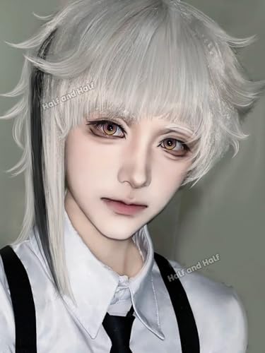 Image of Half and Half Atsushi Cosplay Wig Short Light Gray Blonde Anime Wigs for Men Platinum Blonde Wig with Bangs + Black Hairpiece for Halloween Party Daily Women Unisex