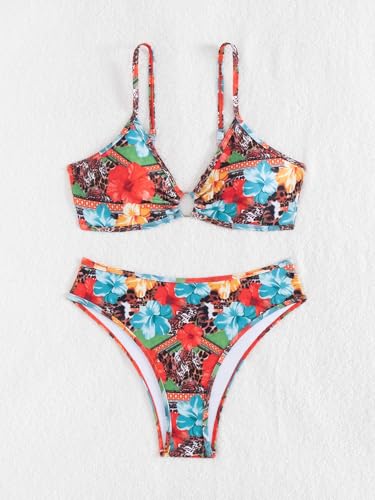 Image of Fanuerg Women's Triangle Bikini Sets O Ring Linked Two Piece Swimsuits Floral Printed Cheeky Bathing Suit