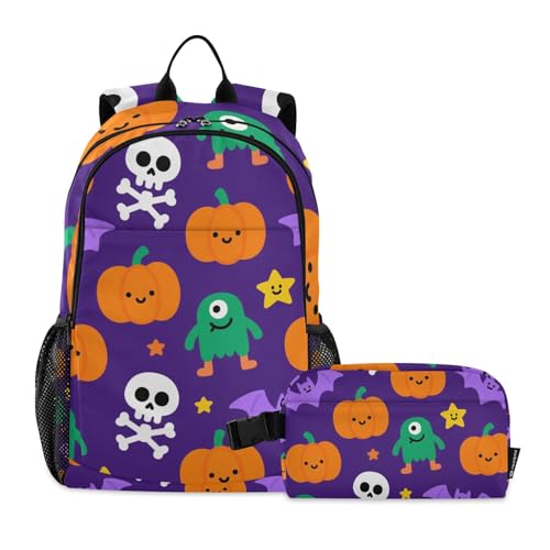 KLL Orange Evil Halloween Pumpkin Bat Backpack With Lunchbox For Boys (scenario) Boys Backpacks And Lunch Box age 8-10 years old