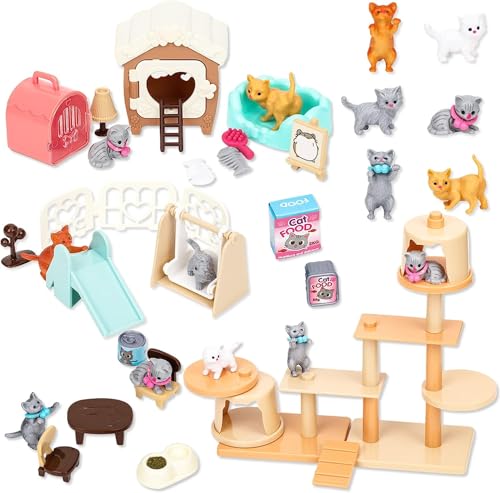 YAJIMAOY 46 Pezzi Mini Figurine di Gatti Realistici, Accessori Casa delle Bambole, Albero per Gatti Altalena Miniatura Scivolo per Micro Decorazione Paesaggistica