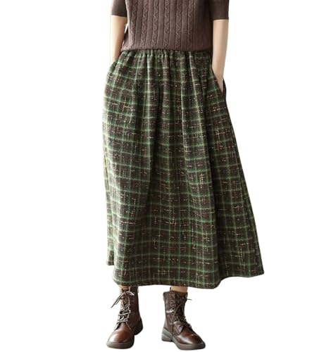 chouyatou Women's Vintage Plaid Pleated Wool Skirt Elastic Waist A-Line Midi Long Swing Skirt with Pockets