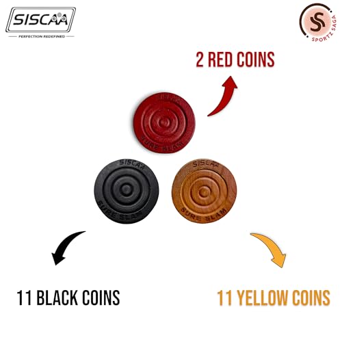 Image of Siscaa Sureslam Carrom Board Coins Set - 11 Black, 11 Yellow, 2 Red Coins - Includes Ultra 30 Grams Non-Toxic Powder - Ideal for Players and Tournaments