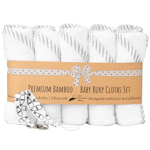 Ultra Soft Burp Cloths Unisex 5 Pack w/Pacifier Clip - Comfortable Fabric - Extra Absorbent Burping Bib for Spit-Ups and Spills - 19 x 9” Baby Burp Cloths White