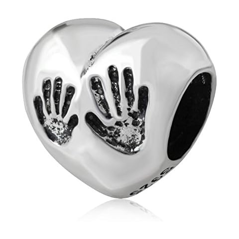 Solid Sterling Silver Love Heart Charm with Handprint Charms Fits European Style Bracelets Cover