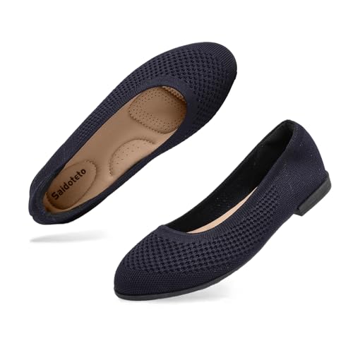 Saidoteto Women's Wide Ballet Flats - Comfortable Round Toe Knit Slip-On Shoes, Casual Office Dress Flats for Work. Navy Size 10 WFT240810-01