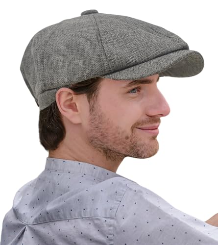 Image of Linen Men's Newsboy Flat Cap .8 Panel Ivy Cabbie Hat,Breathable Summer Gatsby Ivy Irish Fishing Hats,Paperboy Hats for Men