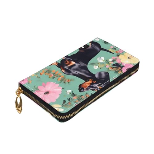 Longzehao Portafoglio con stampa floreale bassotto in pelle di alta qualità con zip intorno al portafoglio per uomini e donne copertina libretto degli assegni blocco RFID