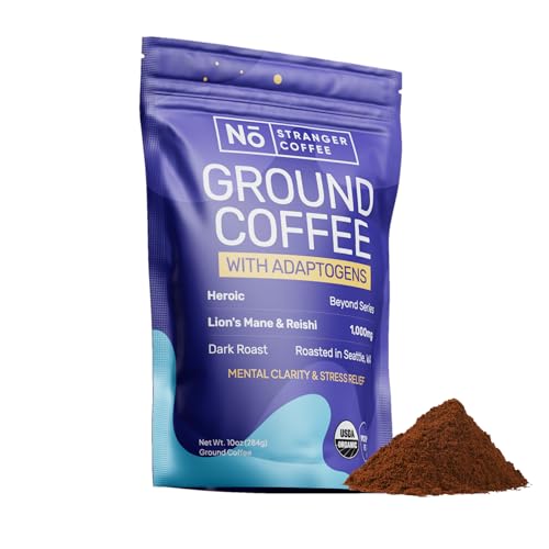 No Stranger Heroic Mushroom Coffee, Organic Dark Roast Ground, 10 oz | 500 mg Lion’s Mane & 500 mg Reishi | Adaptogenic Nootropic Blend for Focus, Immunity & Crash-Free Energy