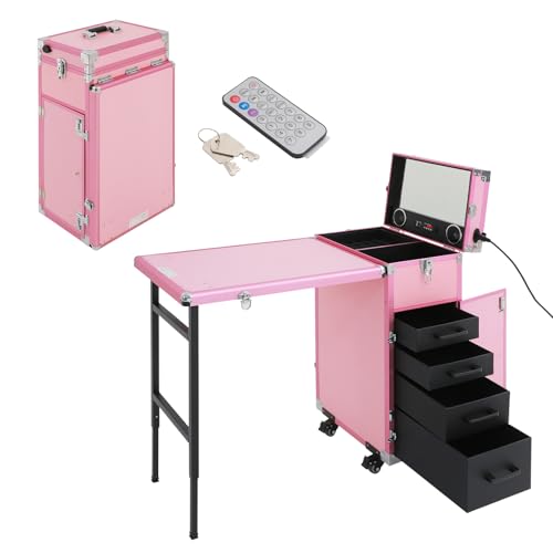 Mesa de manicura, mesa manicura profesional plegable, con mando a distancia y maletín de tren de maquillaje, mesas de uñas con 4 cajones para técnicos, spa, salón de belleza, lugar de trabajo (rosa)