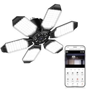 LED Garage Ceiling Light with Camera-12000LM Super Bright 6500K Smart Security Garage Light WiFi 2.4GHz,Two-Way Audio, Video Motion Notifications,6 Adjustable Panels Compatible for E26/E27 Socket