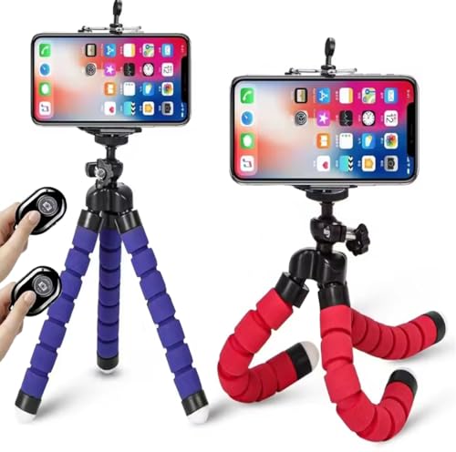 Pack de 2 Trípode Flexibles para Móvil y Cámara, 360 Grados con Control Remoto Inalámbrico - Soporte para movil, Camara - Tripodes Pulpo con Mando Maxima firmeza Color Rojo/Azul