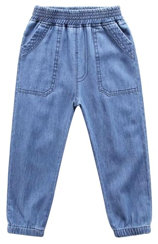 Happy Cherry Boys Blue Denim Pants Stretch Elastic Waist Loose Jeans with Pockets Pull on Denim Jeans for Kids