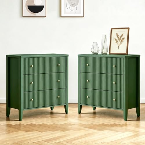Image of Fatmok Fluted 3 Drawer Dresser for Bedroom Set of 2, 34 inch Wide Chest of Drawers, Modern Wood Nightstand End Table with Metal Handles, Striped Storage Cabinet for Living Room, Hallway, Entryway, Green