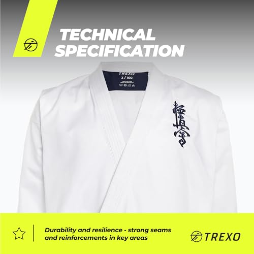 XTREXO TREXO Karatega mit Kyokushin Stickerei für Karate in Weiß für 120 cm Körpergröße Set Regulierbare Hose Kimono Gürtel Ideal für Anfänger Starke Nähte Langlebige Materialien 100% Baumwolle