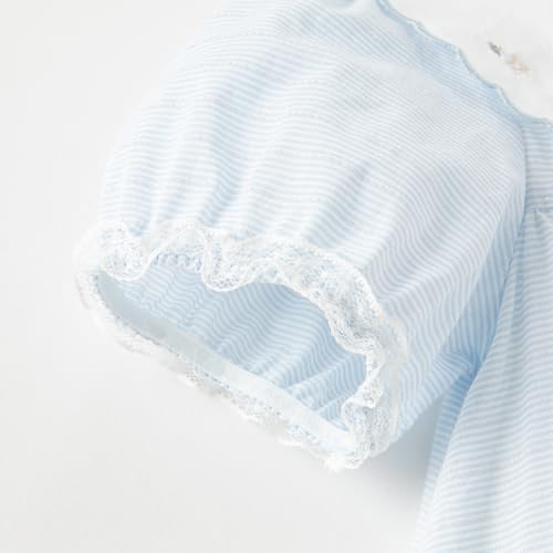 DAVE&BELLA Toddler Baby Girls Summer Dress, Short Puff Sleeve Cotton Sundress Blue Striped Flower Embroidery Prince Dresses3