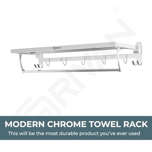 Image of GRIVAN Premium Stainless Steel 24 Inch Foldable Towel Rack /Shelf /Stand for Bathroom, Towel Holder with Hooks and Hanger (Silver Chrome Finish)