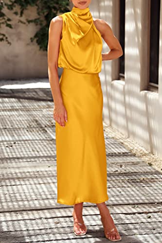Image of PRETTYGARDEN Women's 2026 Summer Satin Dress Elegant Sleeveless Mock Neck Cocktail Party Maxi Dresses