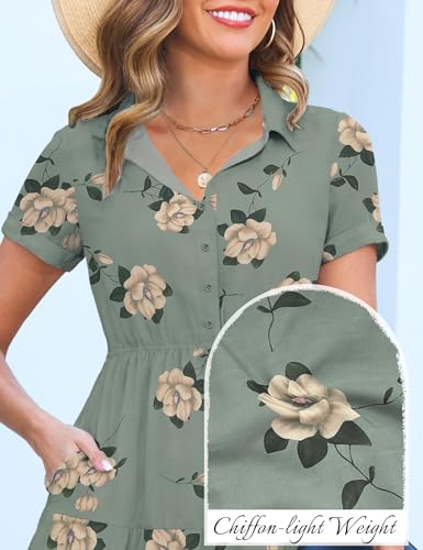 Image of Kranda Women 2026 Summer Collared V Neck Short Sleeve Button Down Chiffon Long Tiered Floral Maxi Dress with Pockets