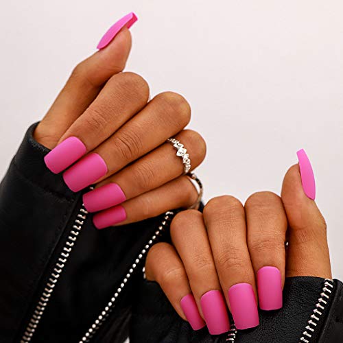 A&C 24pcs Punk Matte False Nails Solid Color Barbie Pink Fake Nails Long Square Full Cover Nails Tips Sets Party Prom Clip on Nails for Women and Girls