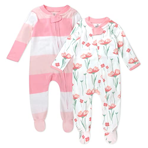 Image of HonestBaby Sleep and Play Footed Pajamas One-Piece Sleeper Jumpsuit Zip-front PJs 100% Organic Cotton for Baby Girls, Jumbo Ombre Stripe Strawberry Cream, 0-3 Months