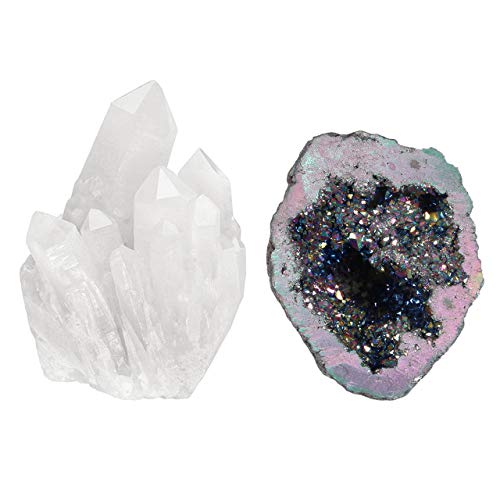 Top Plaza Bundle - 2 Items: Healing Rock Crystal Clear Quartz Cluster Mineral Geode Druzy Specimen & Geode Druzy Mineral Specimen Decoration(Rainbow Color)