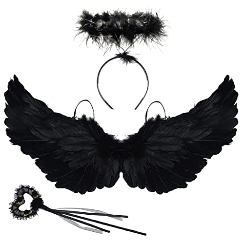 XLZJYIJ Ailes d'ange Noires, d'ailes d'ange Plumes, 60 CM Ailes d'ange Costume avec Halo et Baguette Magique, pour Noël Carnaval Halloween fête à Tthème Déguisement Fête