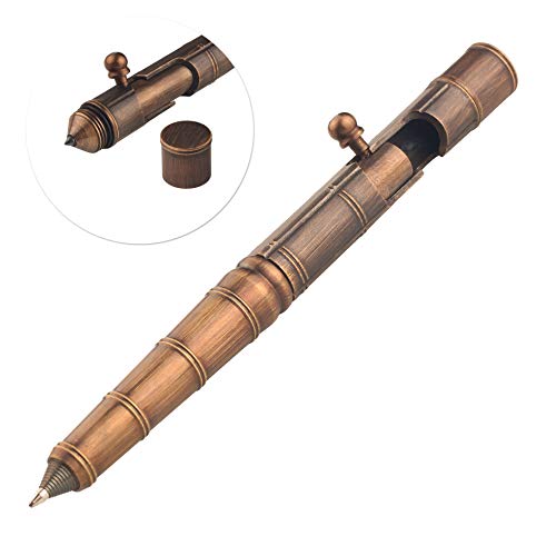 SMOOTHERPRO Solid Brass Bolt Action Pen with Tungsten Tactical Tip Stainless Steel Clip Bamboo Node for Business Office EDC Pocket Military Color Bronze