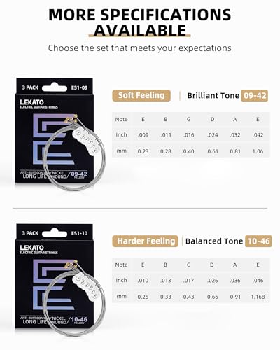 Image of LEKATO Electric Guitar Strings, Nickel Plated Steel with ANTl-RUST Coating Longest-Lasting Bright Tone with Comfortable Feel, Light 10-46, 6-String Set, Pack of 3
