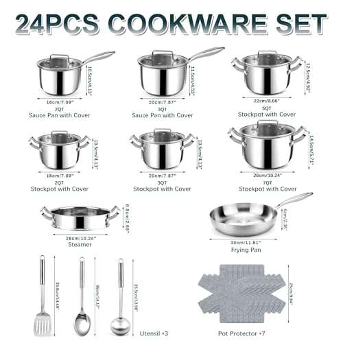 Image of Stainless Steel Cookware Set - 24 PCS Kitchen Cookware Sets with 3-Ply Frying Pan and Steamer, Cool Handles, Heavy-Duty Chef Quality, Pots and Pans Set Compatible with All Stoves