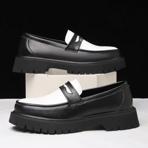 Image of Men's Leather Platform Chunky Slip-On Penny Loafers Classic Round Toe Lug Sole Business Casual Formal Work Shoes