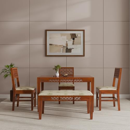 Image of THE WOODEN CITY Solid Sheesham Wood 3 Chair with 1 Bench Dining Table Set with Cushioned Chairs for Dining Room | Living Room | Home & Office | Hotels (4 Seater with Bench, Honey)
